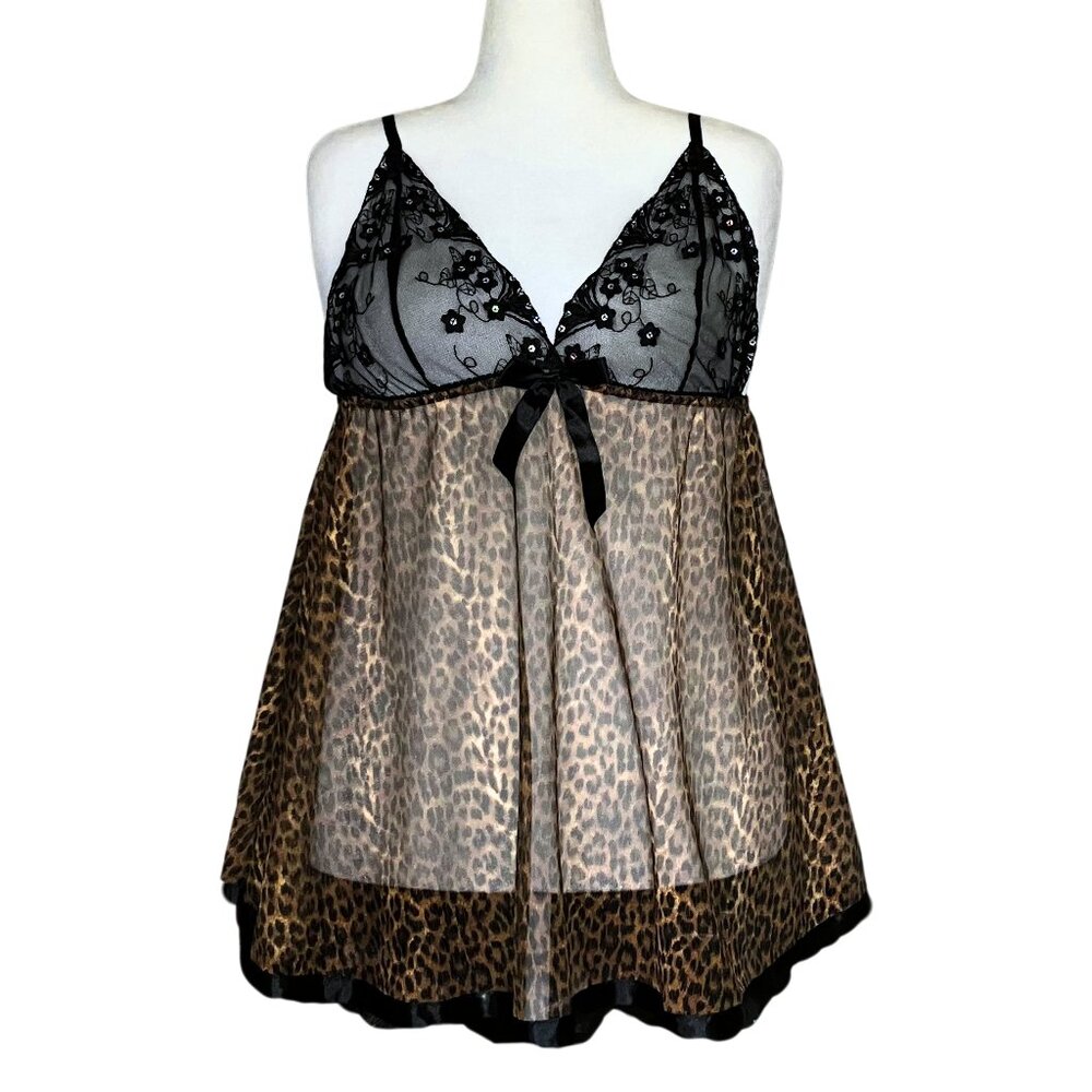 Y2K Sheer Leopard Print Babydoll Lingerie Slip Dress Sequins Bow Trashy2K Large